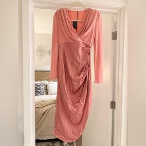 Chic Draped Pink Midi Dress.